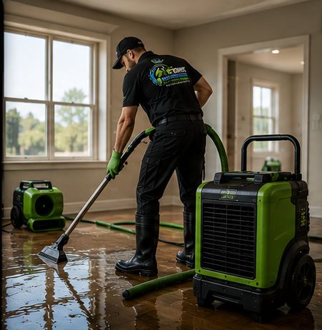 Green Choice technician extracting standing water from a flooded Long Island floor with a wand and dehumidifier