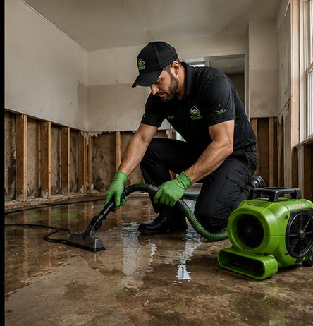 Technician drying a Long Island room after water-damaged drywall was cut back to the studs