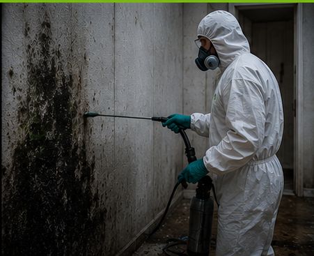 Green Choice technician in full protective equipment treating mold growth on a Long Island basement wall