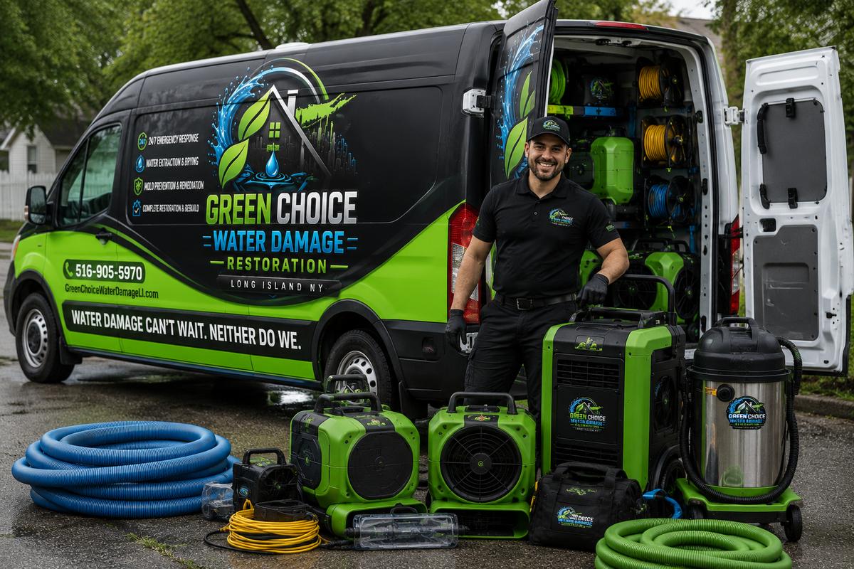 Green Choice Water Damage Restoration technician with a fully stocked Long Island response van, air movers, dehumidifier and extraction equipment